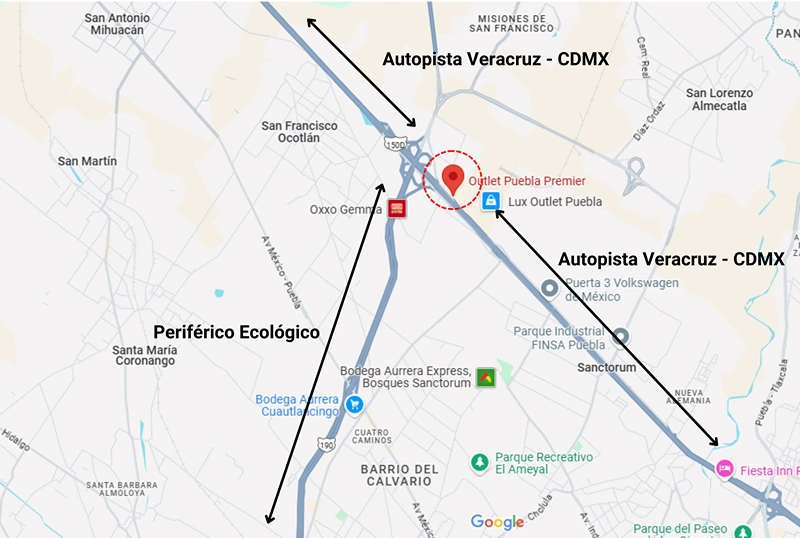 Mapa de referencia para llegar al Buen Fin en Outlet Puebla Premier